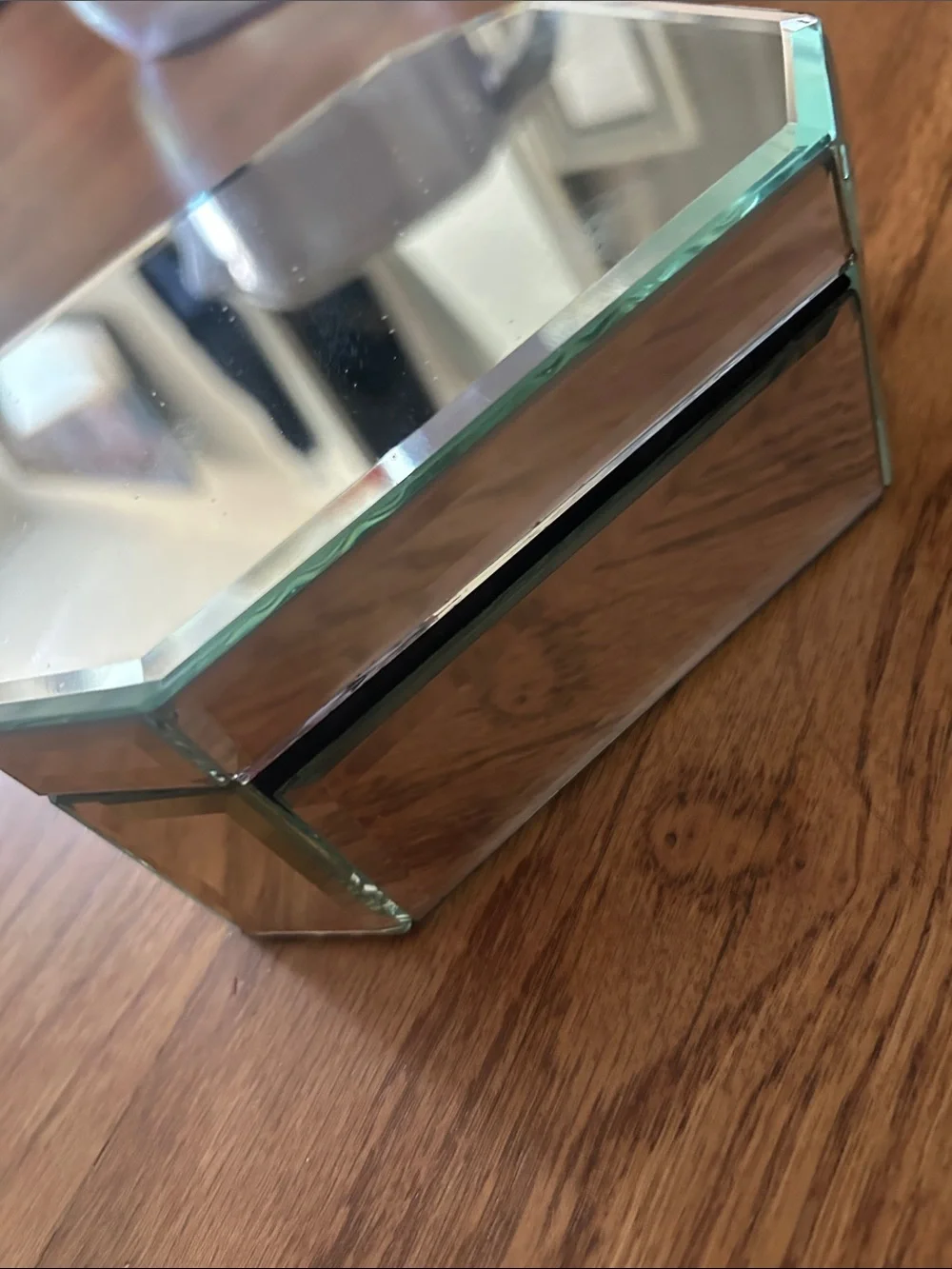 Beautiful Antique Mirrored Glass Jewelry Box - Silver Octagonal Trinket Case